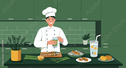 Professional chef in uniform seasoning a gourmet grilled fish meal in a modern kitchen. Culinary arts and healthy food preparation concept illustration