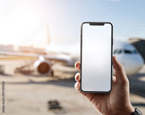 Wallpaper Mural Smartphone held at airport, blurred airplane in background Torontodigital.ca