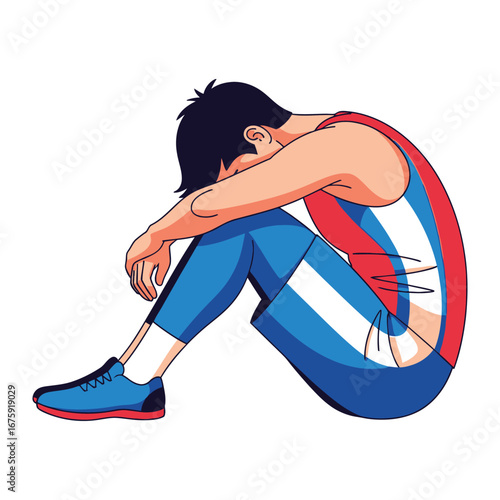 Defeated Athlete: A dejected athlete, head in hands, sits slumped in a pose of dejection and despair. Capture the agony of defeat.