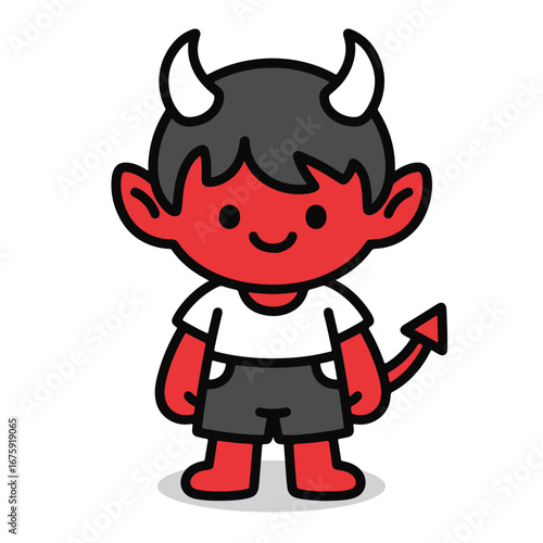 Cute little red devil demon kid cartoon character.