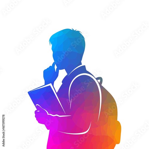 Thoughtful student with book contemplating new ideas, radiating creativity and intellectual curiosity in a vibrant, modern silhouette.
