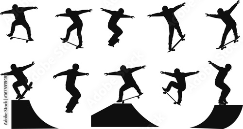 Skateboarder Silhouette Series, Various Skateboarding Stunts, Trick Performances, Extreme Sports Action, Urban Skate Park Movement, Dynamic Poses, Athletic Skill