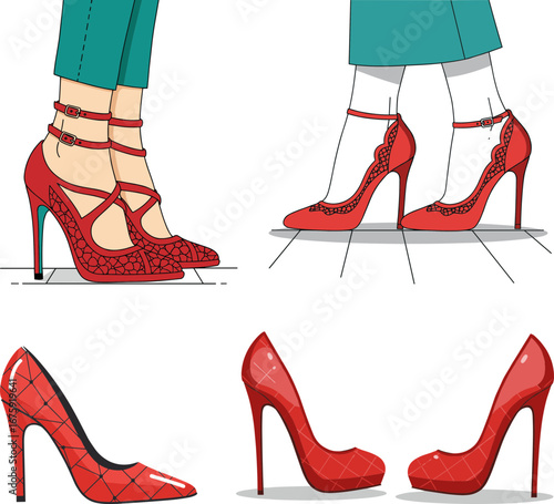 Four styles of red high heels illustrated on white background  