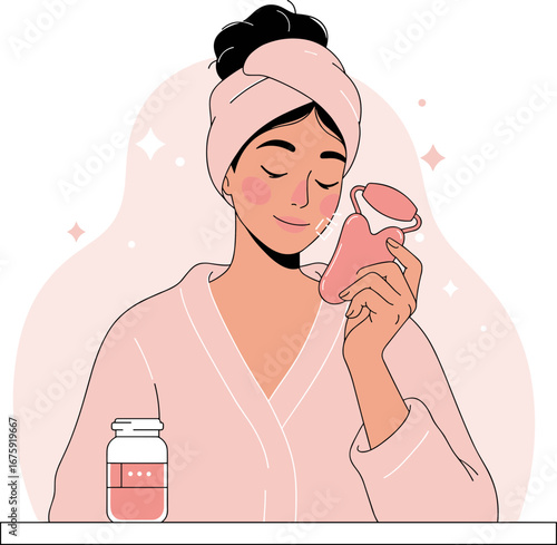 Young woman applying skincare treatment while smiling at home  
