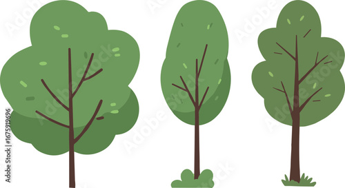 Three cartoon trees with green foliage and brown trunks  