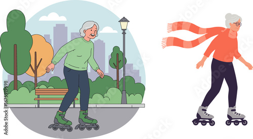 Elderly woman rollerblading in a park with greenery and city backdrop  
