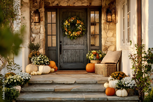 Warm autumn welcome awaits with pumpkins mums and a festive wreath adorning a charming stone home entrance