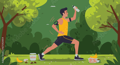 Vector illustration of a healthy lifestyle, showing an athletic man exercising and eating nutritious food outdoors in a park after a workout