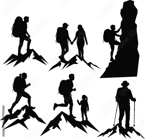 Mountain Hiking Silhouette Vector Set Featuring Climbers, Trekkers, Families, Backpackers, and Outdoor Adventurers on Peaks and Trails