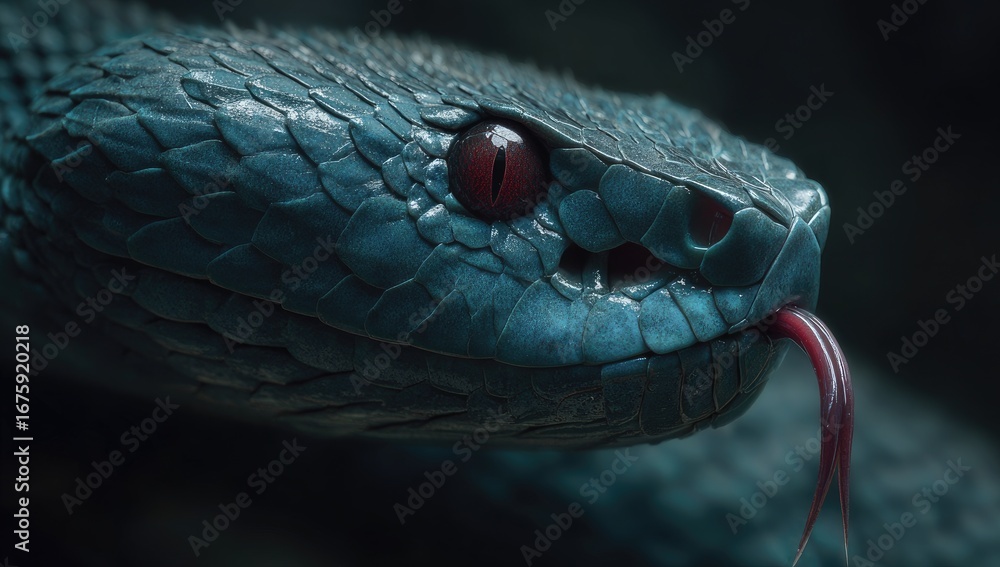 Fototapeta premium Close-up of a venomous snake's head. Deep teal scales, vibrant red eye, and flicking tongue. Dark, moody backdrop
