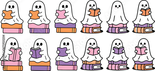 Adorable ghost characters reading books in cute pastel colors for Halloween or story time fun