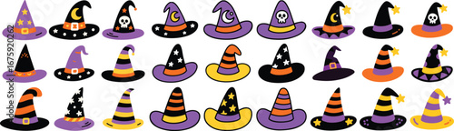 Spooky Halloween witch hats collection for party invitations and festive decorations, ready for trick or treat