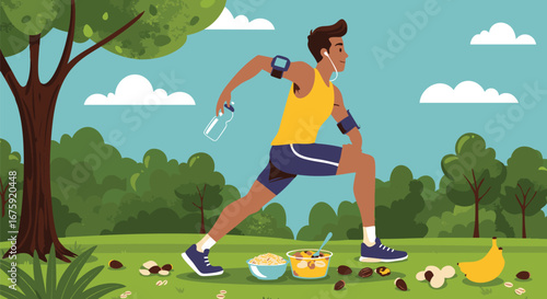 Man engaging in an outdoor fitness routine, combining physical exercise with healthy eating habits in a vibrant park setting, promoting a balanced and active lifestyle