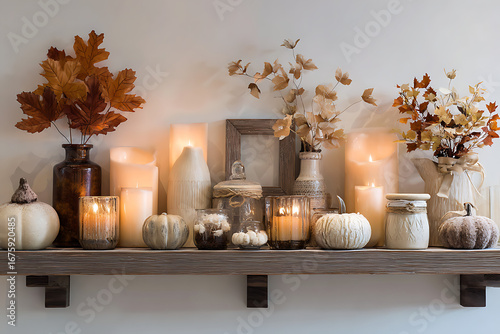 Warm autumn mantelpiece decor with flickering candles, pumpkins, and fall leaves creates cozy seasonal ambiance for home.