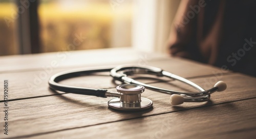 Stethoscope on Wooden Table Near Window in Warm Light
