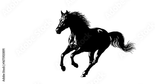 Majestic Black Stallion in Full Gallop, Ink Drawing.