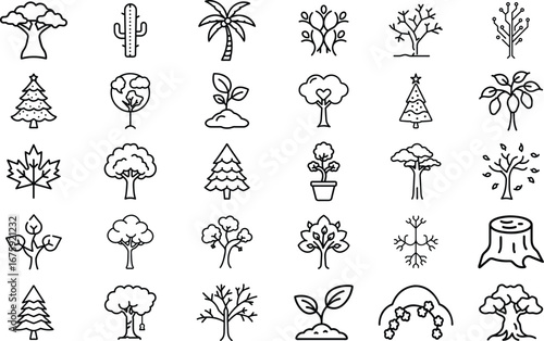 Collection of hand drawn doodle trees and plants in black and white
