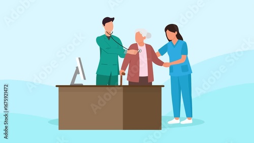 animated video of nurse helping grandmother while being checked by doctor. Doctor and Patient concept. Full length animation illustration. High quality 4k footage