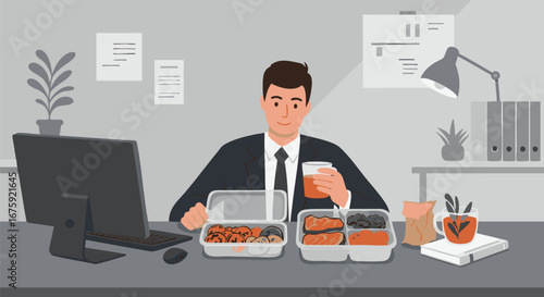 Busy professional enjoys a convenient and healthy pre-prepared lunch at his office desk, promoting a balanced and productive workday