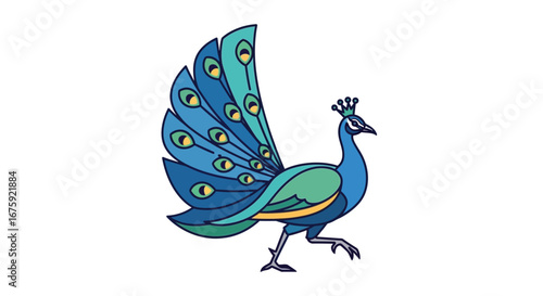 Elegant Cartoon Peacock with Vibrant Blue and Green Feathers.