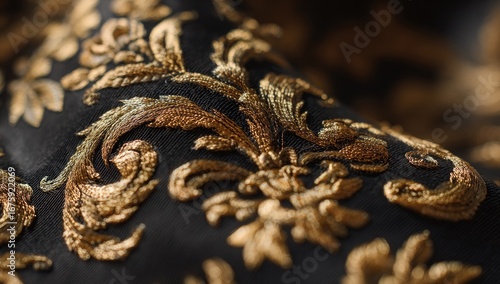 Close-up of richly embroidered black fabric with gold floral patterns