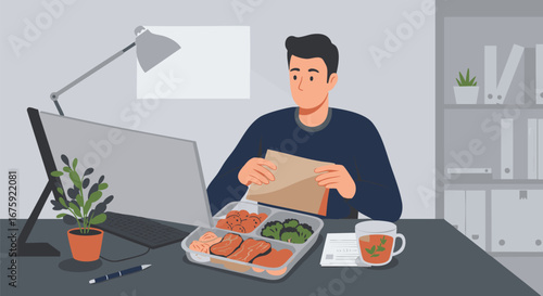 Man Eating Healthy Lunch at Work Desk