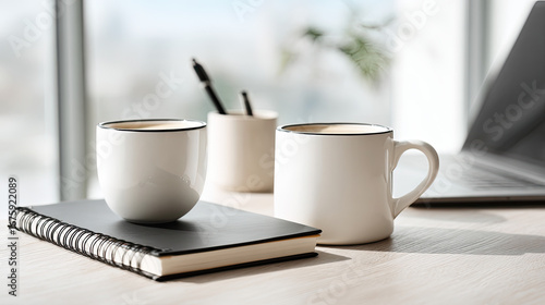 Modern Home Office with Coffee Cups, Notebook, and Laptop in Bright Minimal Workspace