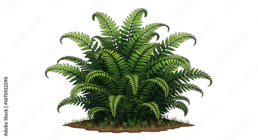 Fototapeta premium Detailed Vibrant Green Tropical Fern Plant Illustration Digital Art Lush Foliage Bush Isolated on White Background Garden Decor