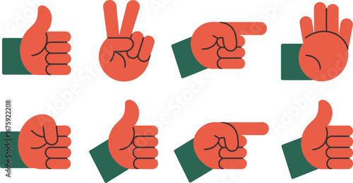 A hand gestures set with various human hands, fingers, and thumbs up icons and symbols for success