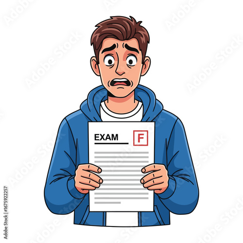 Academic Disappointment: A person faces the crushing reality of a failed exam, their expression reflecting the weight of disappointment and the sting of failure. 