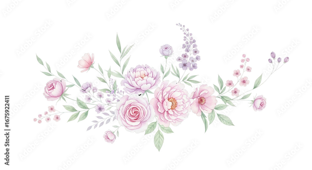 Lovely floral arrangement of pastel pink roses and peonies for elegant invitations and designs