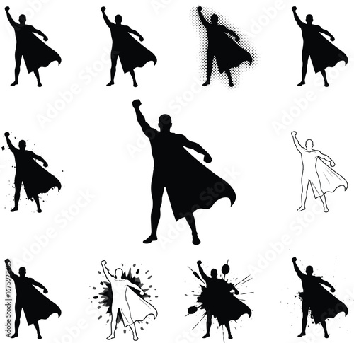 Set of Superhero Silhouettes in Action Pose with Capes, Vector Illustrations Representing Power, Heroism, Strength, Courage, and Justice Concept