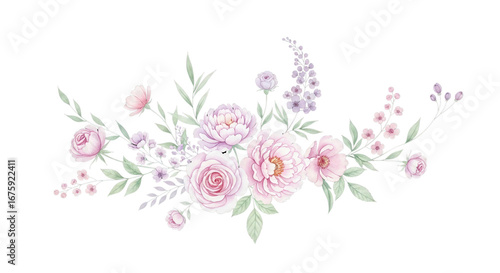 Lovely floral arrangement of pastel pink roses and peonies for elegant invitations and designs