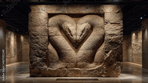 Museum display of an ancient two-headed snake fossil emerging from stone with dramatic lighting.