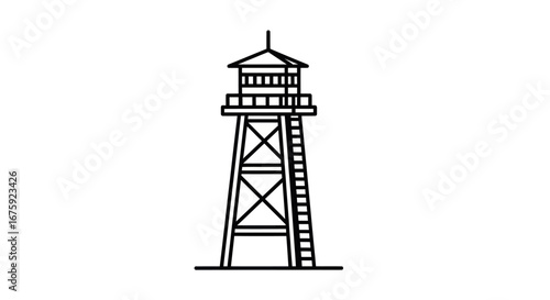 Line Drawing of a Wooden Lookout Tower with Ladder.