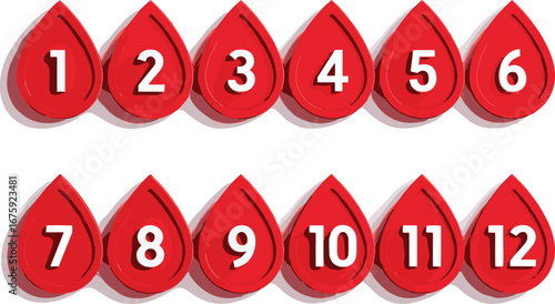 Red blood drop number icons 1 to 12, medical countdown symbols, health infographic design, donation reminder vector, numeric drop illustration