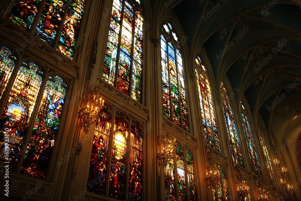 Obraz premium Sunlight shining through colorful stained glass windows in church