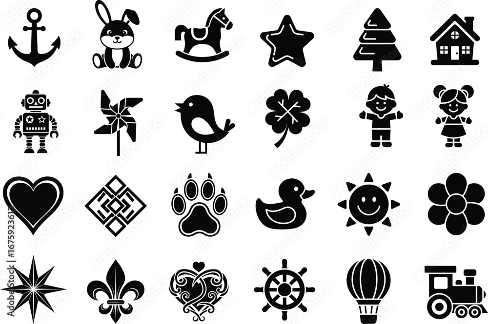 Fototapeta premium Charming Black Silhouette Icons: Playful Objects & Symbols Vector Set