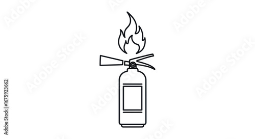 Simple line art icon of a fire extinguisher with a flame, symbolizing fire safety.