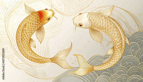 Elegant koi fish with lotus flowers. Gold koi fish in serene water design. Beautiful golden koi fish swimming. Hand-drawn koi fish in delicate style. Symbolic koi fish in gold artwork