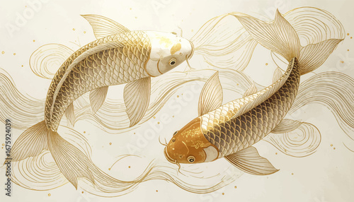 Two koi fish with lotus and gold accents. Artistic golden koi fish design. Golden koi fish in tranquil water. Japanese koi fish swimming artwork. Koi fish swimming in flowing lines