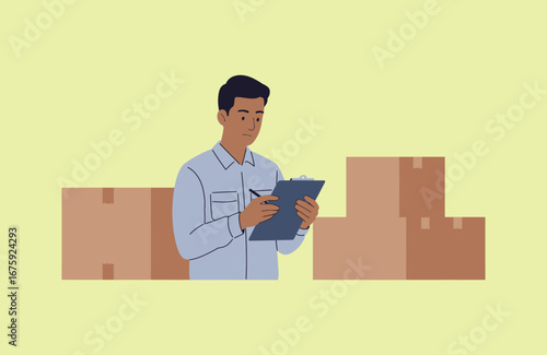 Man taking inventory of cardboard boxes in a warehouse setting