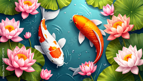 Koi fish in serene water with lotus. Pond with koi fish and lotus flowers. Artistic koi fish with water lilies. Koi swimming among pink lotus flowers. Peaceful koi fish swimming in pond