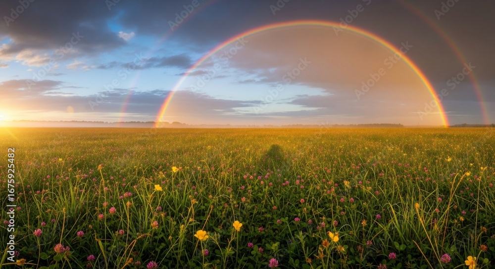 Naklejka premium Majestic Double Rainbow Arcing Over a Vibrant Field of Wildflowers at Sunset
