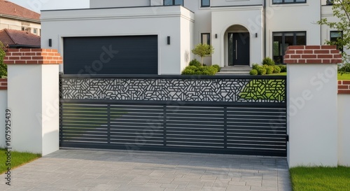 Modern black sliding gate with intricate laser cut top panel enhancing a luxury residence