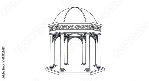 Ornate Gazebo Structure with Dome Roof and Classical Columns, Architectural Drawing.