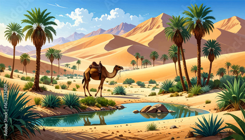 Camel in desert landscape with water. Desert oasis with camel and palms. Camel in golden sand desert scenery. Serene desert oasis with camel grazing. Peaceful desert with camel and trees
