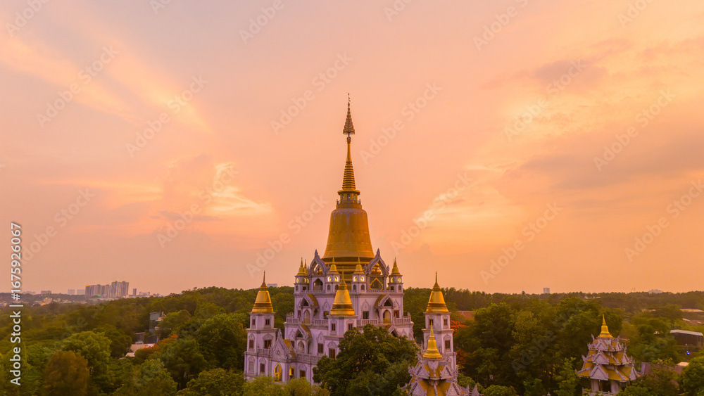 Naklejka premium Aerial view of Buu Long Pagoda in Ho Chi Minh City. A beautiful buddhist temple hidden away in Ho Chi Minh City at Vietnam. Travel and landscape concept