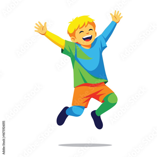 Joyful Leap: A young boy, radiating happiness and exuberance, leaps into the air with open arms. The scene captures the sheer freedom and unbridled delight of childhood.