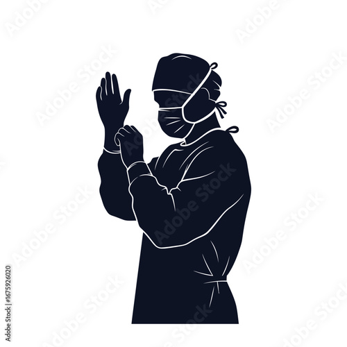 Dedicated surgeon meticulously dons sterile gloves, preparing for critical procedure with focused determination.